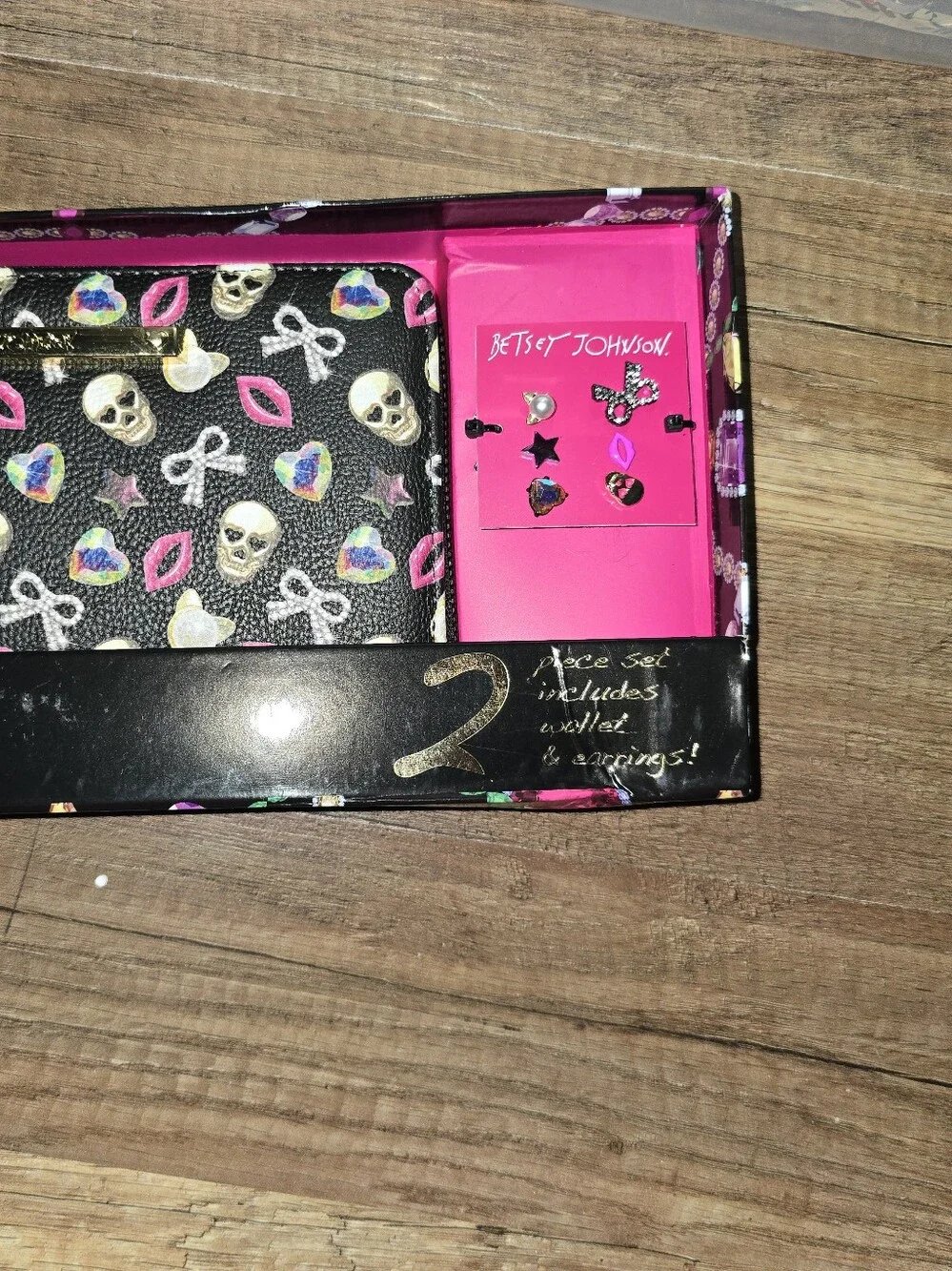Betsey Johnson Black Wallet & Earring Set with Pink, White and Rainbow Accents